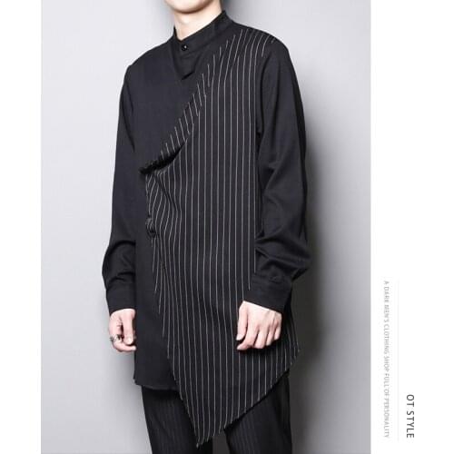 2021 Personality stylist asymmetrically spliced striped dark black mid-length long-sleeved shirt for men