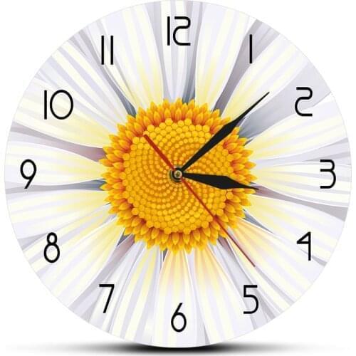 White flower Chamomile Wall Clock Chrysanthemum Flower Wall Art Living Room Silent Movement Round Wall Watch Camomile Wall Decor