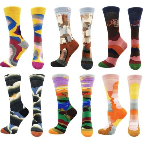 2021 new spring and autumn womens tube socks oil painting series personality colorful student skateboard womens socks
