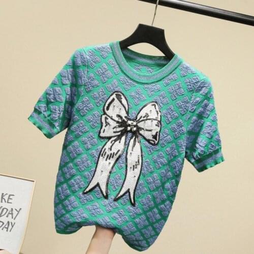 2021 spring and summer new products handmade sequins beaded bow sweater womens short-sleeved knitted pullover high-end commuter