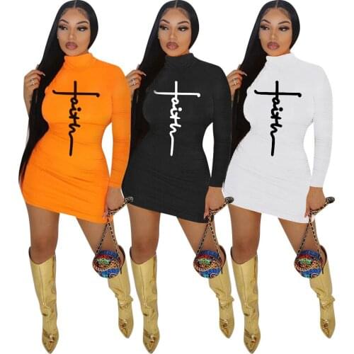 Solid Letter Printing Dresses for Women Slim Knee Length Long Sleeves Round Neck Fashion Mid Waist Wholesale Dropshipping