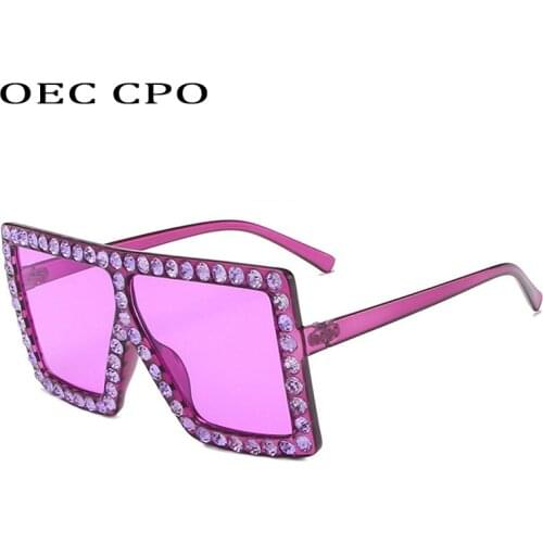 OEC CPO Fashion Rhinestones Square Women Sun Glasses Female Diamond Eyewear Big Frame Eyeglasses UV400 Red Purple Pink O641