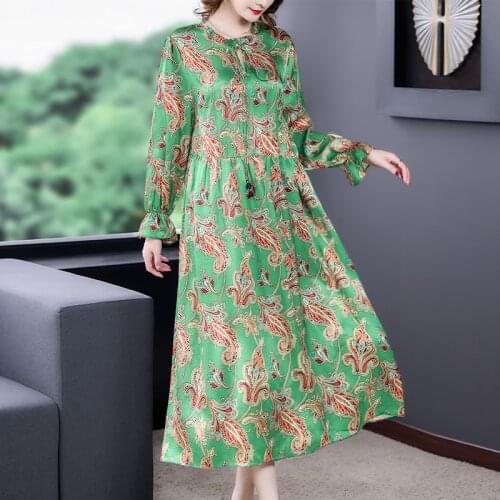 2021 Autumn Winter Vintage Green Midi Dress Casual 4XL Plus Size Floral Mulberry Silk Maxi Dresses Women Elegant Bodycon Vestido
