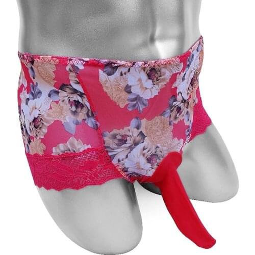 See Through Mesh Mens Briefs Underwear Floral Sissy Lingerie Panties With Penis Sheath Erotic Adult Costume Night Wear Bikini