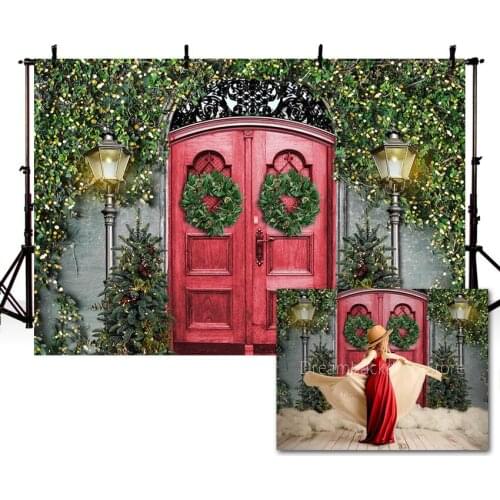 Mehofond Christmas Backdrop Red Wooden Door Tree Green Plants Baby Portrait Decor Photography Background Photo Studio Photocall