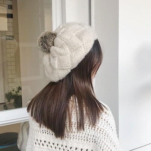 MueRaa Fashion Women Girls Korean Style Knitted Plush Ball Caps Warm Winter Fashion Thick Beret Hats Plain Elegant Lady Hats