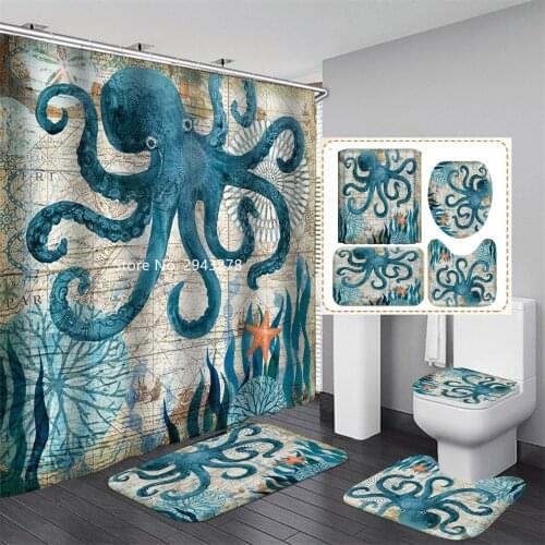 Octopus Pattern Shower Curtain Floor Mat Toilet Mat Waterproof and Mildewproof Washable Household Bathroom Decor with Hook