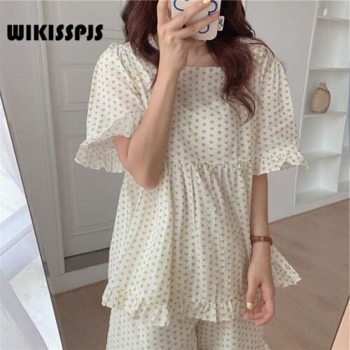 WIKISSPJS Korean Summer New Product Sweet Love Lovely Pajamas Women Loose Square Collar Baby Shirt Home Suit Pajamas for Women