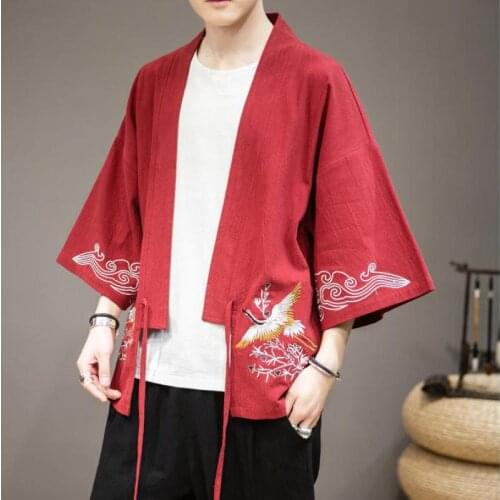 M-5XL Half Sleeve Crane Embroried Kimono Shirts for Men Cloud Embroried Collarless Shirt Summer Streetwear Plus Size Men Clothes
