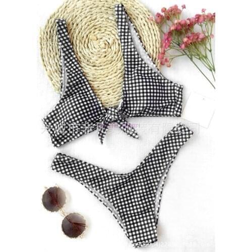By dhl or ems 50pcs Women Thong Plaid Front Tie Bikini Set Checked Plunging Neck Swimsuit Summer Beach Swimwear Bathing Suit
