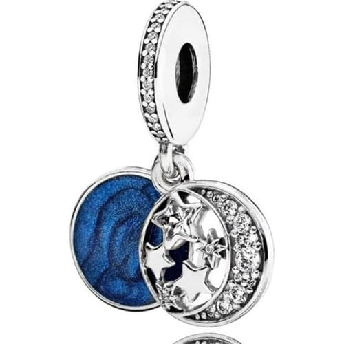 100% 925 Sterling Silver Charm Retro Blue Star Moon Pendant Fit Pandora Women Bracelet & Necklace Diy Jewelry