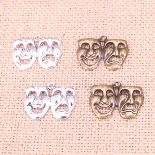 10pcs Tibetan Silver Plated comedy tragedy masks Charms Pendants for Jewelry Making DIY Handmade Craft 31*23mm