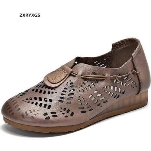 2021 New Spring Summer Hollow 100% Natural Genuine Leather Sandals Fashion Casual Shoes Flat Soft Comfortable Shoes Woman Flats