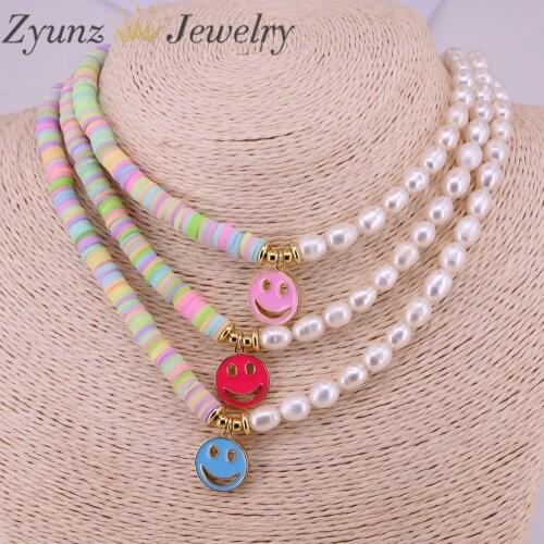 5PCS,Colorful Smile Face Necklace Women Polymer Clay Beads 2021 Hot Fashion Happy Face Women Pendant Pearl Necklace Jewelry Gift