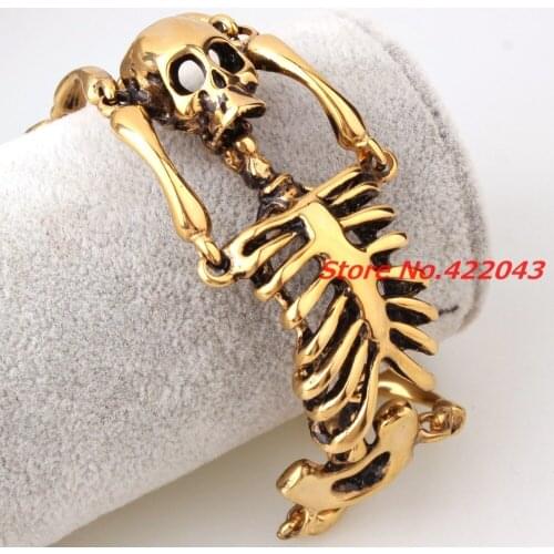 8.26" Fashion Rock Design Party Jewelry Gold Tone 316L Stainless Steel Cuff Mens Bangle Bracelet Biker Skull Skeleton Style