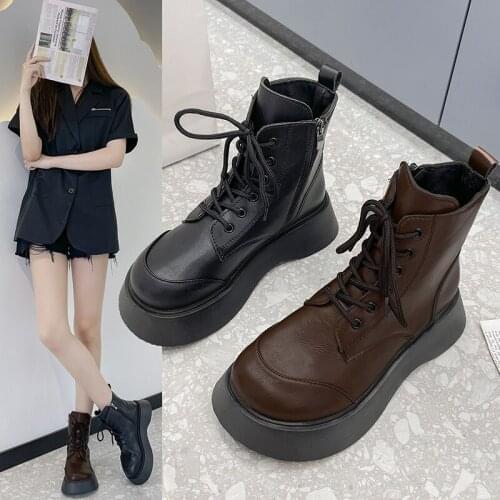 HKYX Ankle Boots Women Shoes Genuine Leather 2021 New Autumn Winter Round Toe Zip Concise Sewing Handmade Platform Boots