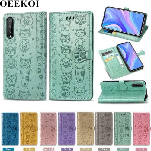 OEEKOI Cartoon Style Cat Dog Wallet Flip Cover Case for Huawei Y8p with Card Slot Holder