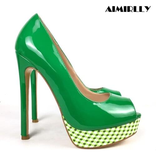 Elegant Womens Shoes Peep Toe High Heels Grids Print Platform Pumps Stilettos Ladies Fashion Footwear Patent Leather Green