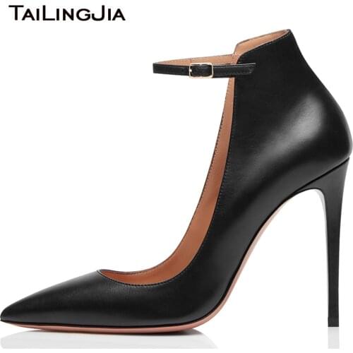 Elegant Black Pointed Toe Ankle Strap High Heels Women Heeled Pumps Stiletto Heel Court Shoes Ladies Summer Dress Shoes 2019