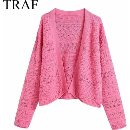 TRAF Womens Clothing Cardigan Casual Loose Sweater Fashion Chic Top Texture Knitted Crochet Coat V-Neck Solid Color Outerwear