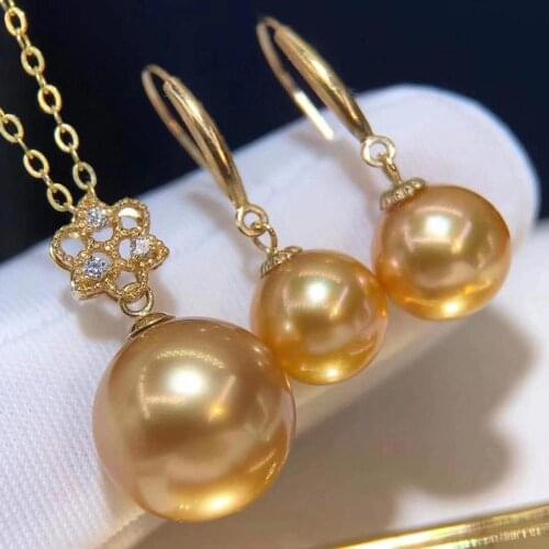 D1002 Pearl Set Fine Jewelry Solid 18K Gold 8-14mm Nature Fresh Water Edison Golden Pearls Jewelry Sets for Women Fine Presents