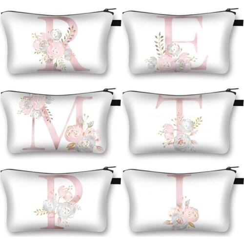 26 Initials Flower Print Makeup Bag A-Z Letter Cosmetic Bags Ladies Travel Women Bridesmaid Portable Girls Bridal Party Bag Gift