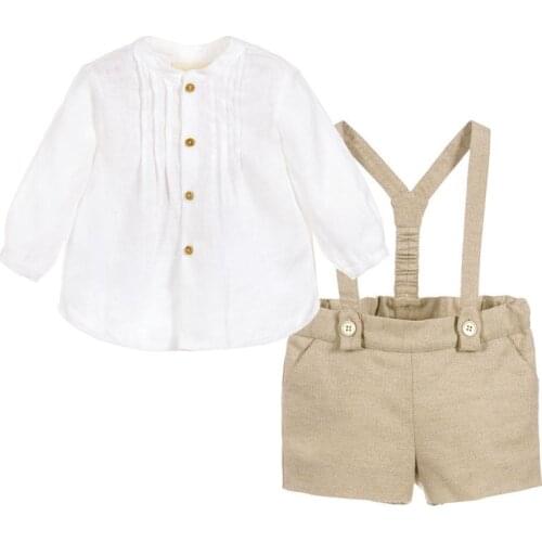 Infant Boys Gentleman Suits Baby Boutique Clothing Set Children Spanish Clothes Toddler Boy White Long Sleeve Shirt Strap Pants