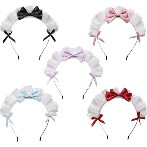 L93F Japanese Lolita Hair Accessories Ruffled Lace Bow Gothic Maid Cosplay Headband