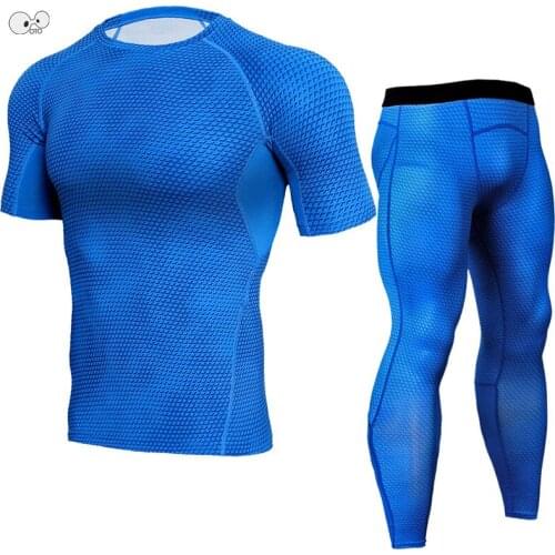 MMA 2018 3D Printed Mens Fitness Sets Short Sleeve Compression Shirt+Tights Leggings Base Layer Running T Shirt Gym Pants Set