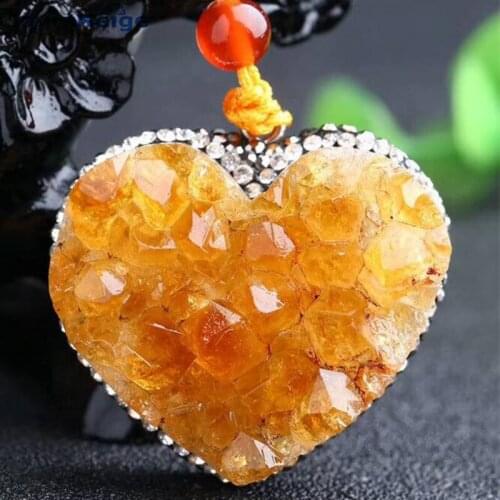 Wholesale Purple Yellow Natural Crystal Pendant Cave Original Stone Heart Shape Pendant Sweater chain Necklace Lucky Jewelry