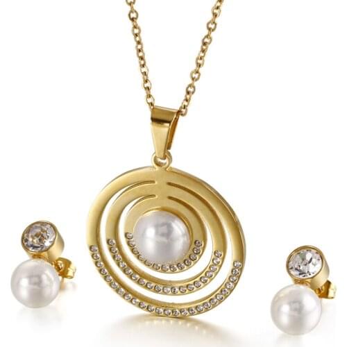 Fashion new suits titanium steel round hollow pearl necklace earrings ladies accessories