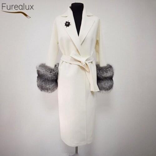 FUREALUX Real Sheepskin Coat With Natural Silver Fox Fur Cuffs Autumn Winter Womens Self-cultivation Luxury Lace-up Clothing