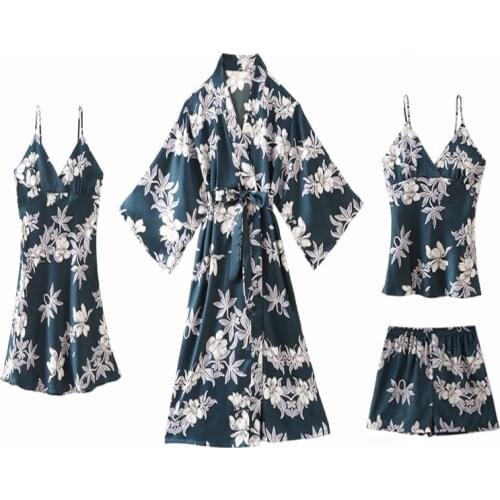 Print Pyjamas Sleep Suit Silky Satin Womens 4PCS Pajamas Sets Sexy Strap Top&pants Nightwear Casual Spring New Home Sleepwear