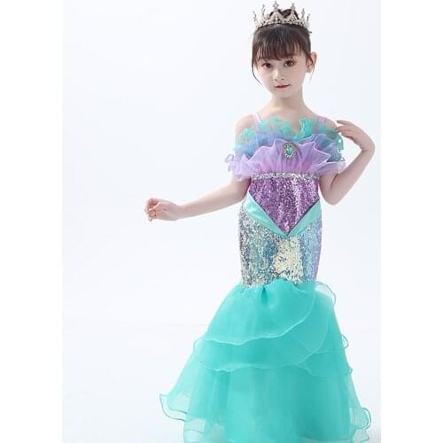 Toddler Girls Mermaid Green Dress Sequin Tutu Spaghetti Strap Long Pageant Little Girls Ruffle Princess Halloween Costume 3-10Y