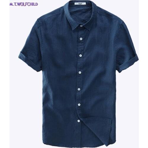 High quality 2018 Summer Mens short sleeve shirts fresh breathable solid color linen shirt cotton shirt slim clothing