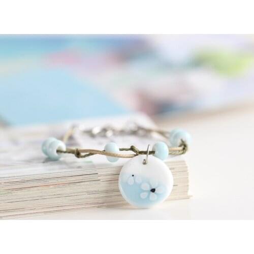Hand Painting Small Flower Pattern Round Pendant and Ceramic Bead Bracelet Women Jewelry Double Layer Rope String Chinese Style