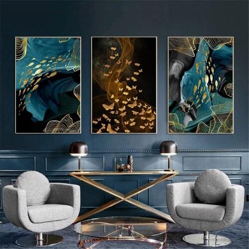Nordic Abstract Golden Green Yellow Wall Art Fish Butterfly Poster and Prints Canvas Painting for Living Room Home Decor Cuadros