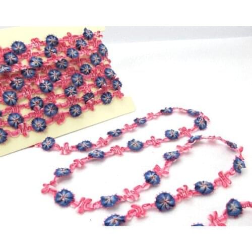 2 Yards Woven Rococo Ribbon Trim with Bright Pink Flower Buds|Decorative Floral Ribbon|Scrapbook Materials|Clothing|Decor