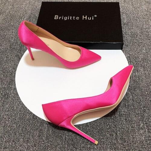 Free shipping Casual Designer fashion sexy lady pink satin women high heels bridal wedding shoes stiletto heel big size 44 12cm