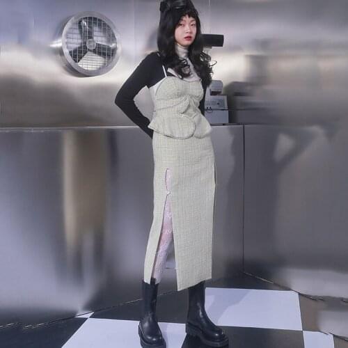 SeeBeautiful Plaid Ruffles Stitching Sling Dress Sleeveless Two Side Split New Fashion 2021 Spring Women M706