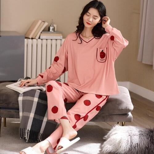 100% Cotton Long Sleeve V-neck Pajama Sets for Women 2020 Autumn Winter Sleepwear Suit Pyjama Homewear Pijama Mujer Home Clothes
