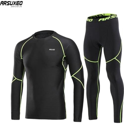 ARSUXEO Mens Winter Running Set Sport Suits Thermal Fleece Long Sleeve Sportswear Compression Shirts Pants Gym Clothing U81