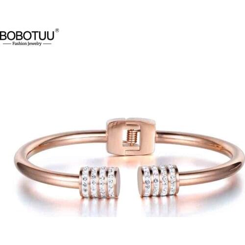 BOBOTUU New Design Rhinestone Cuff Bangles & Bracelets Jewelry Rose Gold Color Stainless Steel Wedding Bangle For Women BB17053