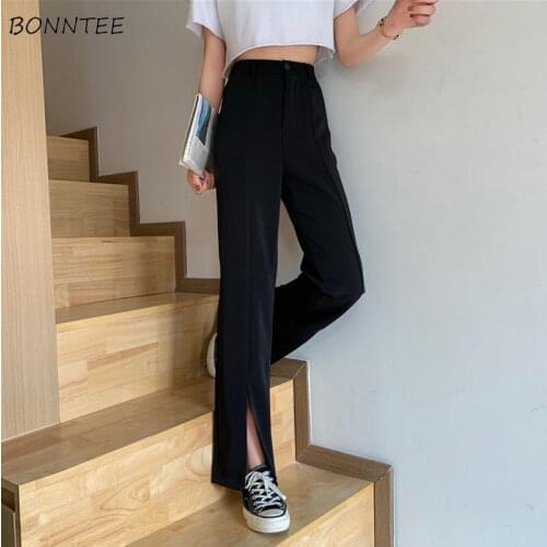 Spring Casual Pants Women Solid Black High Waist Slim Wide-leg Front-silt Regular Drape All-match Trendy Elegant Female Clothing