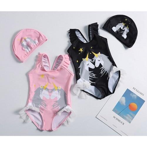 One piece Unicorn Girls swimwear with Hat New 2019 Girls swimwear 1~10Years Girls swimsuit Children Beachwear Bathing suit-ST120