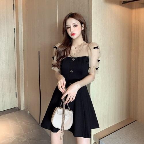COIGARSAM Patchwork Women one-piece dress korean Summer Dresses Black 988