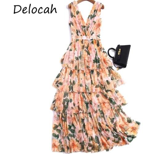 Delocah New 2021 Summer Women Fashion Designer Boho Cake Dress Sexy V-Neck Ruffles Floral Printed Chiffon Plus Size Maxi Dresses