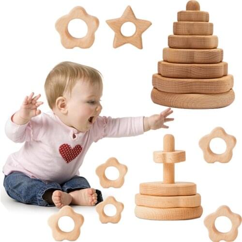Baby Wooden Blocks Stacking Toy Soft Building Blocks Round Shape Wooden Construction Rubber Teethers Montessori Educational Toys
