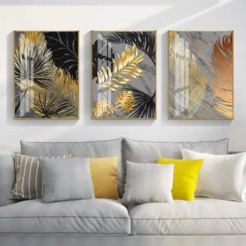 E-CZ Black gold leaf plants modern diamond painting abstract home decor wall art painting nordic picture living room
