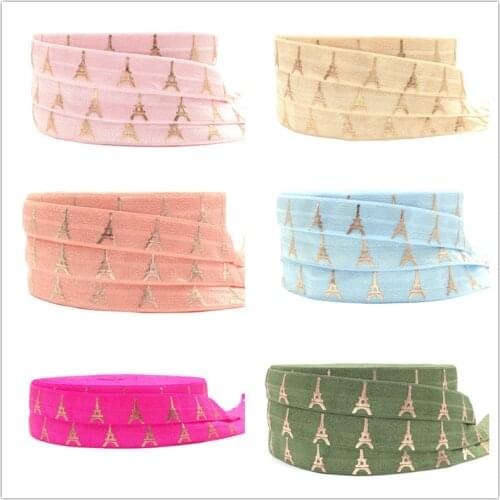 Hot Sale 5/8" Eiffel Tower Print Fold Over Elastic 10 yards/lot Rose Foil Printed FOE Ribbon for Hair Tie Hair Accessories